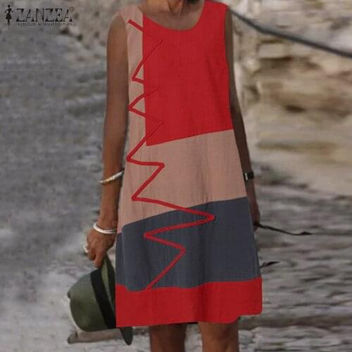 2021 ZANZEA Summer Sleeveless Patchwork Dress Women Vintage Color Block Knee-length Vestidos Casual OL Work Sundress Robe Femme