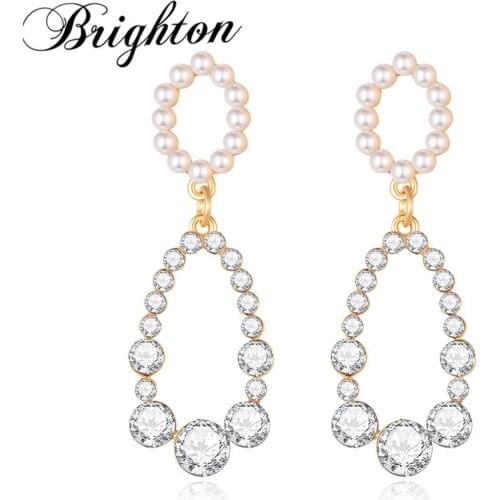 Brighton Trendy New Fashion Crystal Simulated Pearl Geometric Hollow Layered Drop Earring For Women Girl Party Jewelry Hot Sale