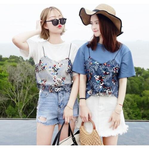 Size 3XL Summer Short Sleeve O-Neck Women Tops Fake Two Pieces Fashion Patchwork Sequined T shirt Casual Loose T-shirts