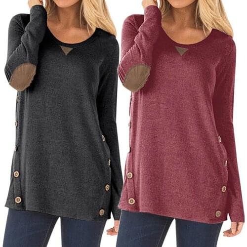 Autumn new womens round neck T-shirt solid color loose long sleeve button patch decorative Pullover womens top retro clothes
