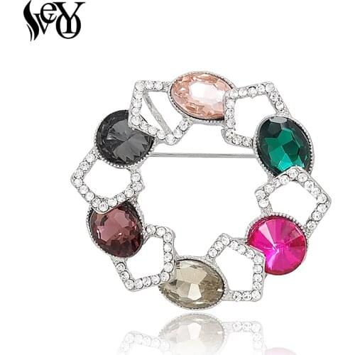 VEYO Round Colorful Crystal Brooch for Woman Multicolor Brooch High Quality Zinc Alloy