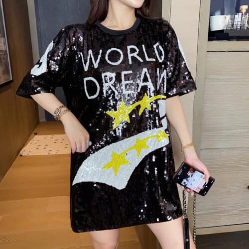 Runway Summer Womens Cartoon Print Sequined Tshirts Short Sleeve Round Neck Loose Hip Hop Fashion Streetwear Long T-shirt Tops