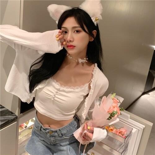 2 Piece Tops Women Summer Knitted Tops Cute Lace Trim Camis Casual Tees Womens Clothing