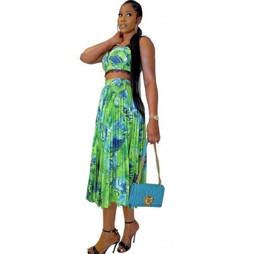 Two Piece Fashion Womens New Summer Sexy Spaghetti Vest + Print Pleated Skirt Matching Suit Leisure Beach Green Vestidos 2021