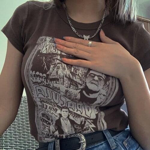 Mujer Vintage Grunge Graphic Aesthetic Women Crop Tops Punk Harajuku Y2K Goth Short Vintage Streetwear 90s Print Slim T-shirts