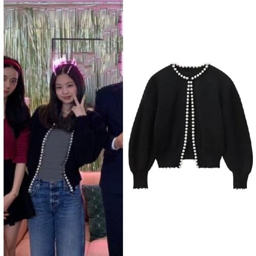 Kpop IU Seo Yea Ji Fashion Pearl Edge Wild Loose Knit Sweaters Women Streetwear Casual Cardigan Long Sleeve O-Neck Sweater Coat