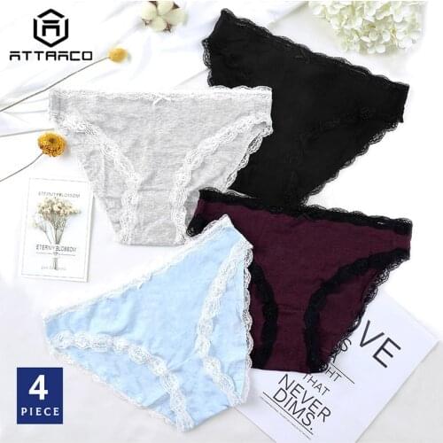 ATTRACO Womens Underwear String Pantie Tanga Thong Briefs Cotton Crotch Lace Edge 4 Pack Mid Waist Stretch Cueca Calcinha Sale