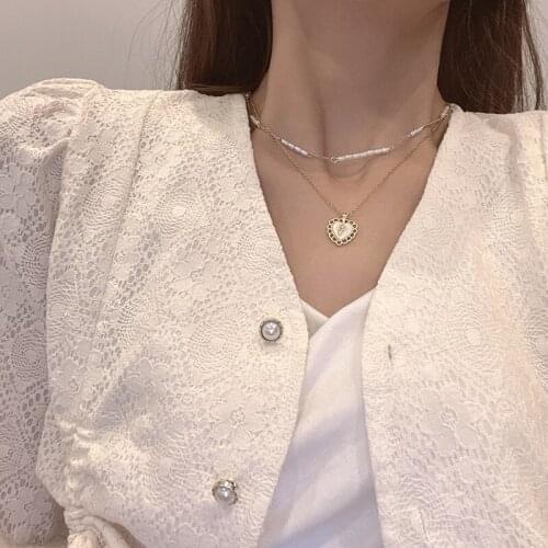 Ins Retro Natural Pearl Necklace Fashion Double-Layer Titanium Steel Clavicle Chain Female Temperament Korean Net Red Heart-Shap