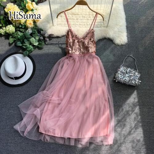 2020 summer new womens chic V-neck Sequins Stitching Mesh Backless Sleeveless sling A-line Dresses female strap elegant dresses