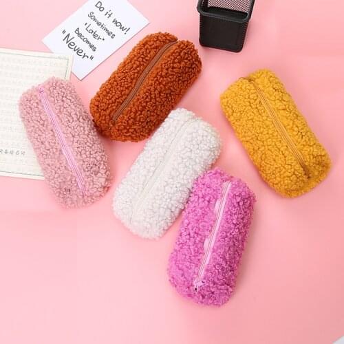 1PS Lambswool Pencil Case Colorful Cute Pencil Case Kawaii School Tools Pen Pouch Plush Zipper Bag Large Capacity Stationery Bag