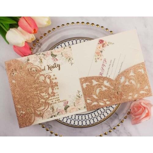 1X Wedding Invitation Cards black Rose Gold Blush Pink tri-fold Laser Cut Invitations Personalized Pocket Invite Customized RSVP