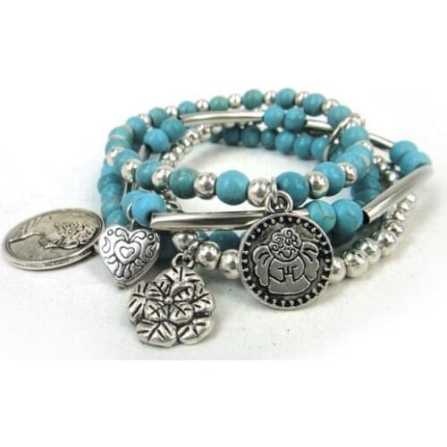 Free drop shipping Fashion women 6mm semi precious stone with heart,flower,gift charm pipe ladies elasticity bracelet