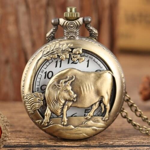 Bronze Chinese Zodiac Cow Quartz Pocket Watch Half Hunter Old Fashioned Necklace Fob Chain Antique Collection Clock Unisex