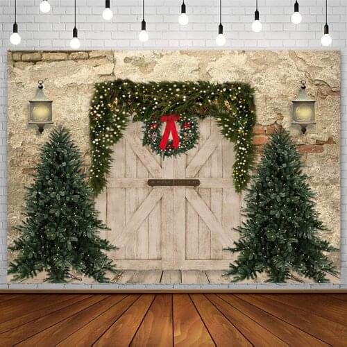 Winter Christmas Tree Photography Background Wreath Light Wood Door Retro Brick Wall Backdrop Photo Studio Props Decor Photozone