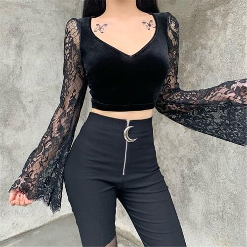 Gothic Black Blouses Sexy Lace V Neck Tops Harajuku Vintage Velvet Patchwork Crop Top Women Transparent Long Sleeve Blouse #YY