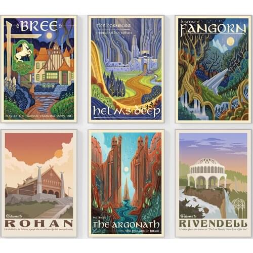 Art Wall Pictures Home Decor Canvas Painting Nordic Retro Travel Poster Middle Earth Magic City The Shire Illustration Landscape