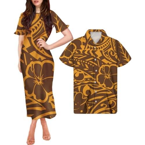 HYCOOL Polynesian Tribal Print Couple Matching Set Mens Casual Shirts Match Plus Size Ruffle Short Sleeve Bodycon Yellow Dresses