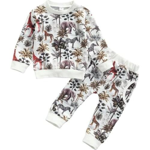 Baby Boys Clothes Set, Forest Animal Print Long Sleeve O-neck T-shirt+Elastic Waist Trousers