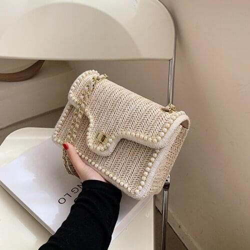Fashion Pearl Chain Ladies Straw Bag New Summer The New Hand-woven Straw Shoulder Bag Bohemian Beach Messenger Small Square Bag