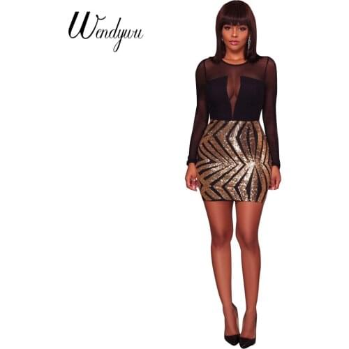 Wendywu Fashion Sexy Black Mesh Patchwork Long Sleeve Gold Sequined Party Bodycon Mini Dress