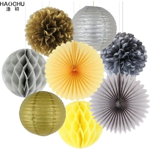 Wedding Decoration Paper Set 8pcs Gold Silver Tissue Paper Fans Lanterns Pom Poms Flower Honeycomb Ball Baby Shower Party Decor