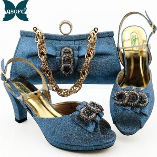 Latest Design Women Italian African Party Pumps Shoes and Bag Set Decorated with Rhinestone Women Shoes and Bag Set In Blue