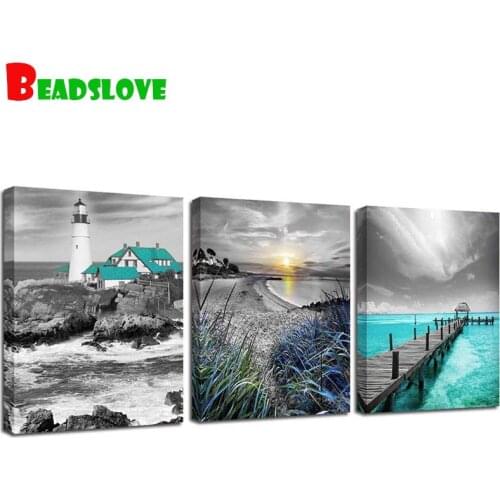 Full round diamond painting Landscape Nordic Blue Lighthouse Coastline diamond painting cross stitch kit room decoration gift