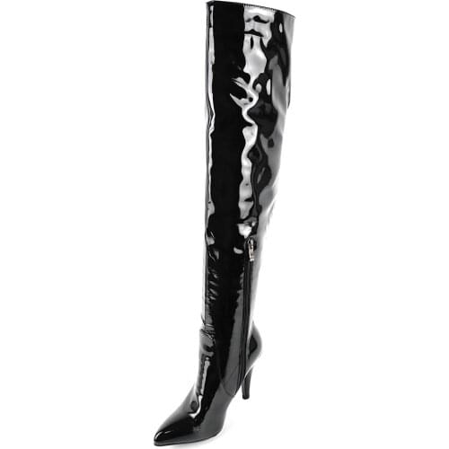 Pointed Super High Stiletto Patent Leather Over-The-Knee Boots Bright Leather Short Plush Side Zipper Boots