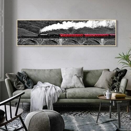 Modern White Snow Red Train Shuttles In The Woods Art Wall Canvas Painting Study Room Office Foyer Mural Cafe Decor Print Poster