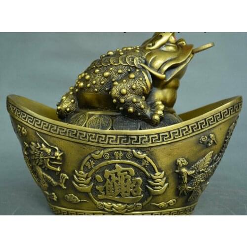 10" Chinese Bronze Yuanbao Golden Toad Spittor Dragon Phoenix Coin Wealth Statue