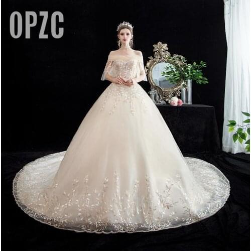 V Neck Wedding Dress Champagne long 100 cm train Applique Lace off Shoulder Half Sleeve Ball Gowns Backless Brida Robe De Mariee