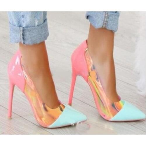YUE JABON Pink Blue Pointed Toe Clear PVC Pumps Woman Neon Yellow Mixed Color Thin Heels Slip On Patchwork Shallow Wedding Shoes
