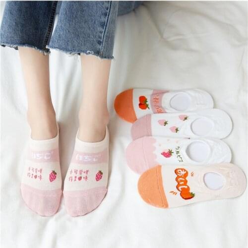 Spring and summer womens socks cotton non-show ankle socks strawberry pink fruit cartoon socks cute cute student womens socks