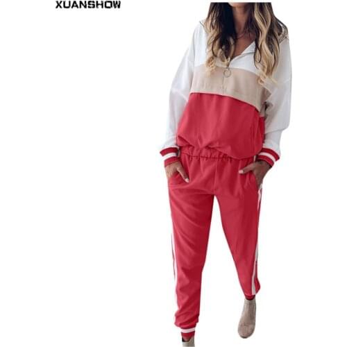 XUANSHOW Autumn Women Tracksuit Stripe Patchwork Long Sleeve Pullover Hoodies +Long Pants Suit Sets 2 Pieces Outfits Clothes