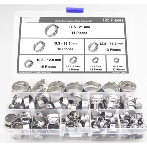 125Pcs 304 Stainless Steel Single Ear Stepless Hose Clamps Clamp Assortment Kit Crimp Pinch Rings for Securing Pipe Hoses