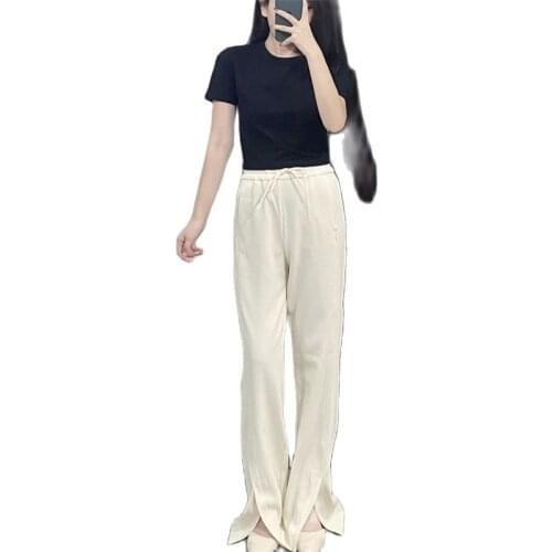 Women 2021 Fashion High Waist Solid Color Trousers Retro elastic Waist Drawstring Split Design Wide Leg Pants Streetwear