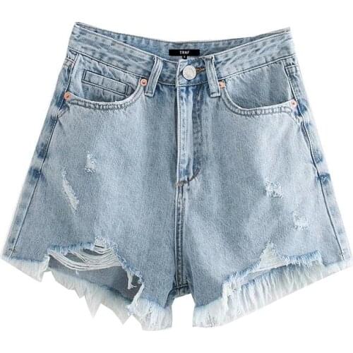 2021 Women Chic Fashion Pockets Frayed Hem Ripped Denim Shorts Vintage High Waist Fly Female Short Jeans