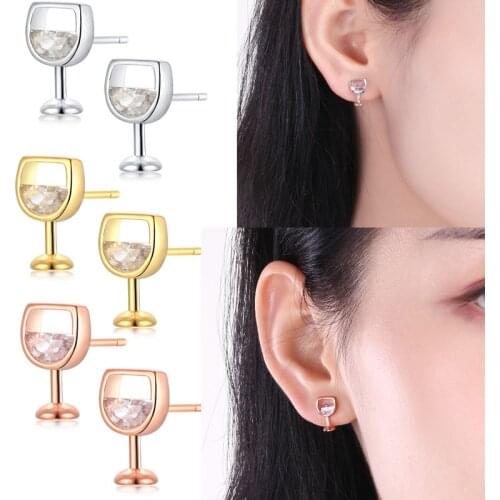 3 Colors Creative Simple Ladies Womens Little Wine Glass Inlaid Crystal Rhinestone Zircon Stud Earrings for Women Party Jewelry