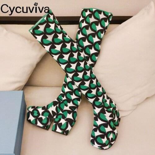 Retro Chunky Block Heel Over The Knee High Boots Women Ladies Platform T-Show Shoes Silk Strech Long Boots Runway Botas Mujer