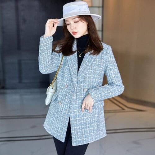 Women Jacket Oversize Streetwear Vintage Office Lady Tops Fashion Tweed Double Breasted Blazer 2021 New Long Casual Coat