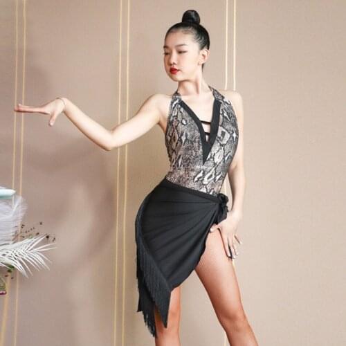 2021 New W720 Latin Dance Dress Women Sleeveless Bare Back Tops Black Skirt Ballroom Tango Chacha Dancing Performamnce