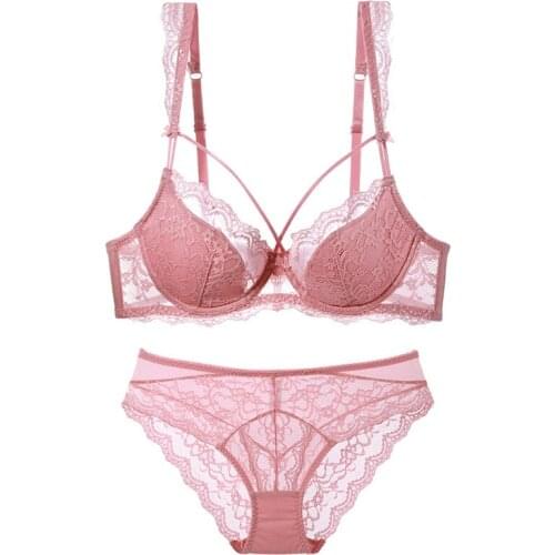 2021 Pink Bra And Panty Sets For Women Plus Size D E Cup Deep V Thin Cotton Push Up Lace Underwear Set Sexy Lingerie Green Black