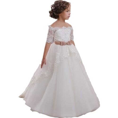 White Flower Girl Dress Kids Ball Gowns First Communion Dresses Pageant Girls Glitz Scoop Sleeveless Floor length Tulle