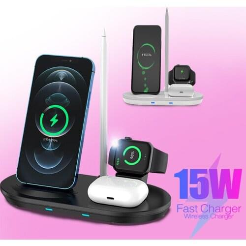 15W Wireless Charger 4 In 1 Smartphone Quick Charge Stand With LED Charging Indicator For Apple Airpods Watch 6 5 For iPhone 12