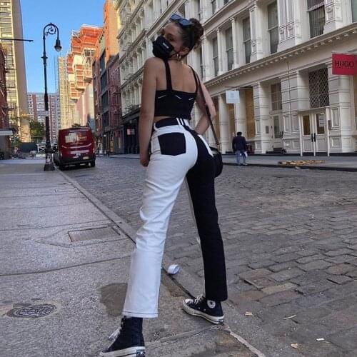 Color Matching High Waist Straight Pants Women Fall Street Activity Patchwork Slacks Trousers Femme Casual Clothes Cotton 100
