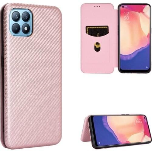Carbon Fiber Pattern Case For OPPO Reno4 SE Card Holder Magnetic Protective Flip Cover