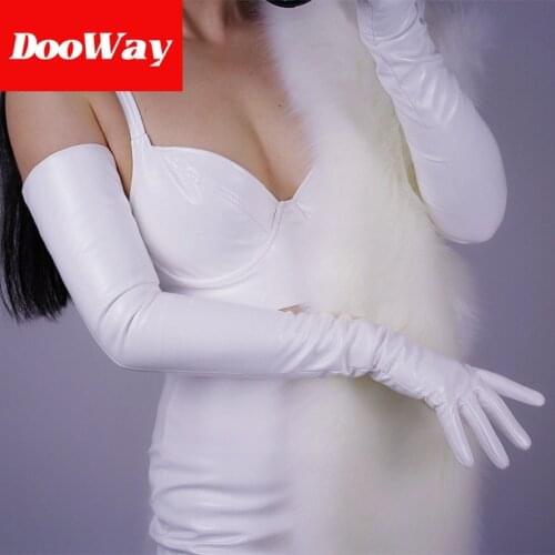DooWay 27-inch White Faux Patent Leather PU Shine Women Golves Extra Long Evening Party Wetlook Sexy Finger Gloves