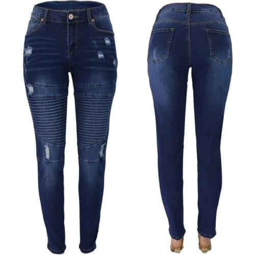 Classic Blue Skinny Jeans Womens Buttocks Slim Fashion Wrinkle Hole Womens Pencil Pants 30% Off Autumn Promotion
