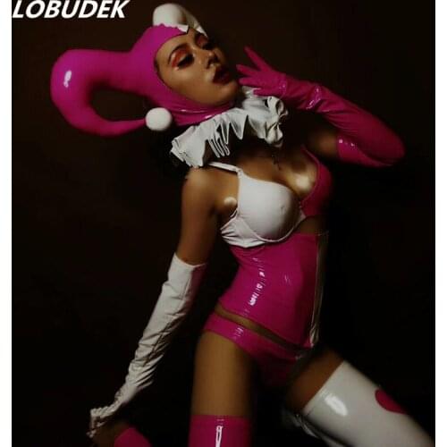 Pink White Stitching PU Leather Bodysuit Headgear Set Party Prom Modern Dance Costume Bar Singer Group Stage Performance Clothes