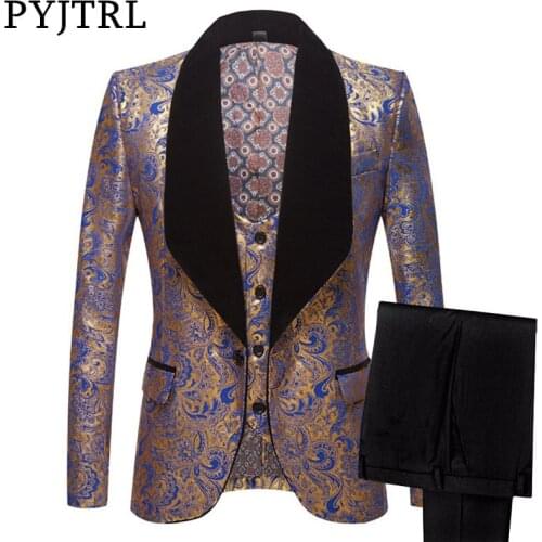 PYJTRL Mens Three-piece Set Wedding Suits Gold Floral Pattern Slim Fit Party Prom Dress Tuxedo Singers Costume Smoking Uomo